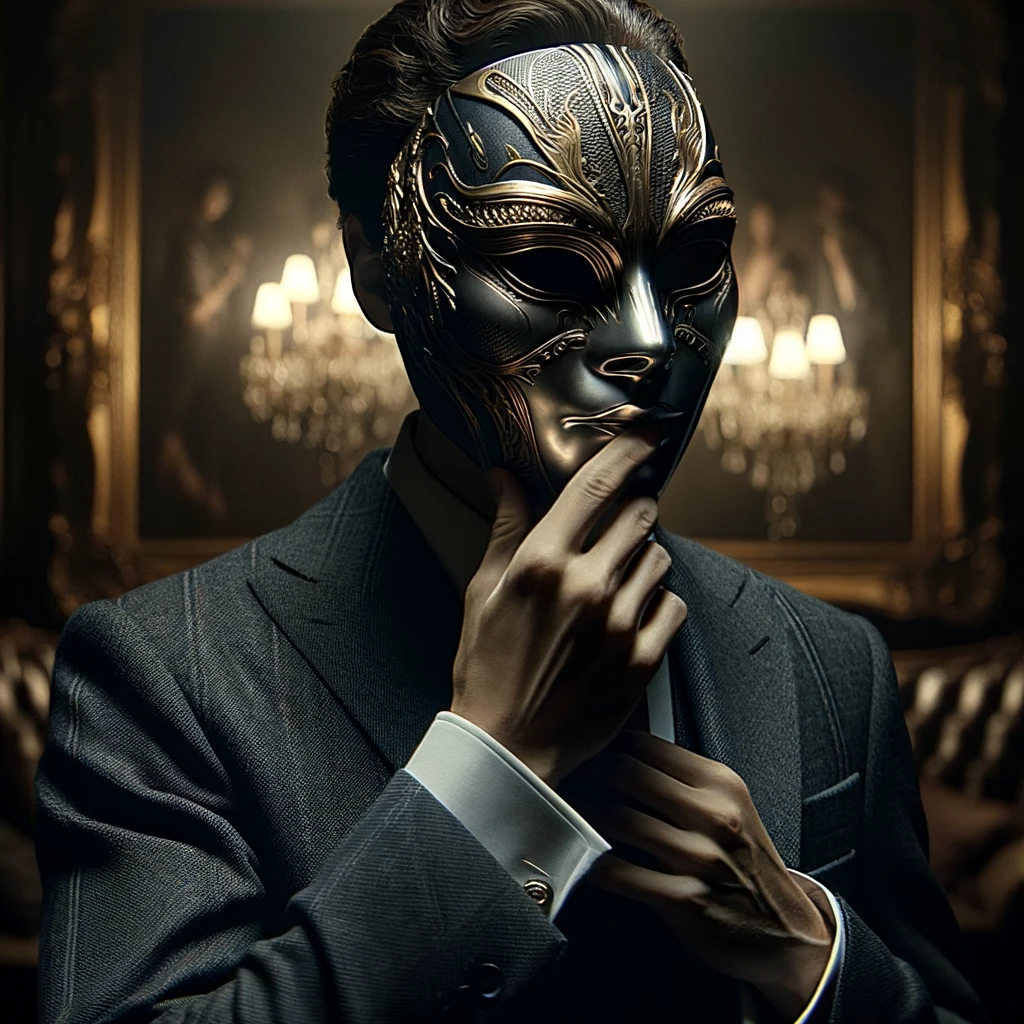 A shadowy figure in a modern suit is partially unmasked in a dimly lit room, revealing only the chin and mouth. The intricate metallic mask is being lifted off, reflecting faint light. The blurred background hints at a luxurious setting.