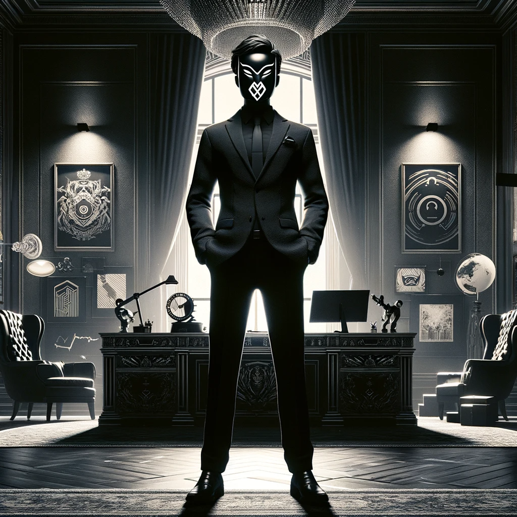 A shadowy figure in a dark suit stands in a luxurious room, face hidden in shadows, symbolizing strategic silence and anonymity. The room features symbols of power like a large desk, high-end technology, and abstract art.