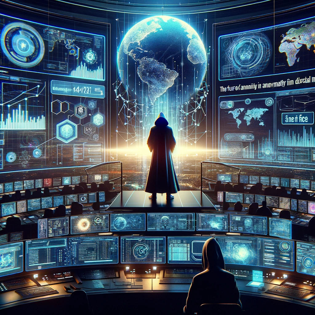  In a futuristic digital control room, the shadowy figure of Ace No Face orchestrates digital influence, surrounded by holographic displays of social media trends and data analytics, with their face hidden.