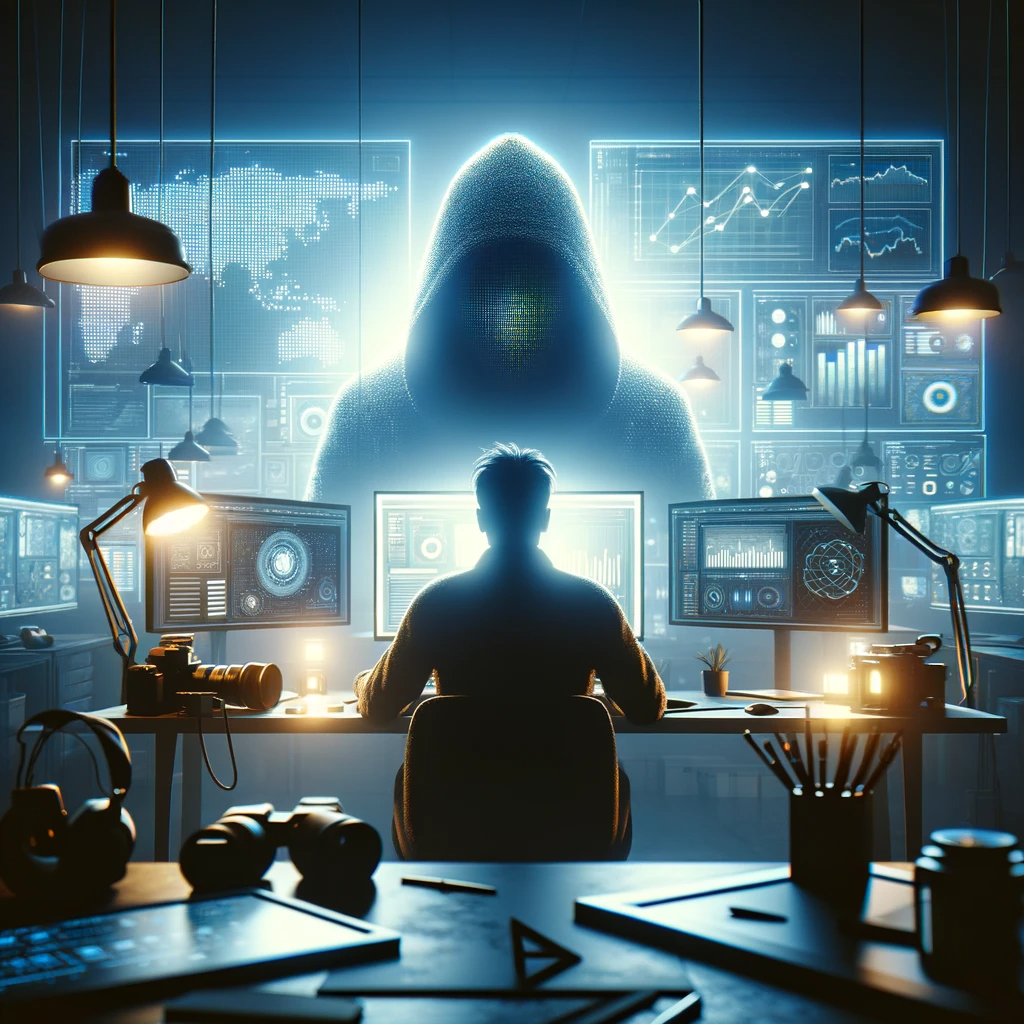 In a modern, tech-filled workspace, the silhouette of Ace No Face works at a computer, face obscured, surrounded by creative tools like cameras and microphones. Screens display digital charts and analytics, highlighting strategic content planning.