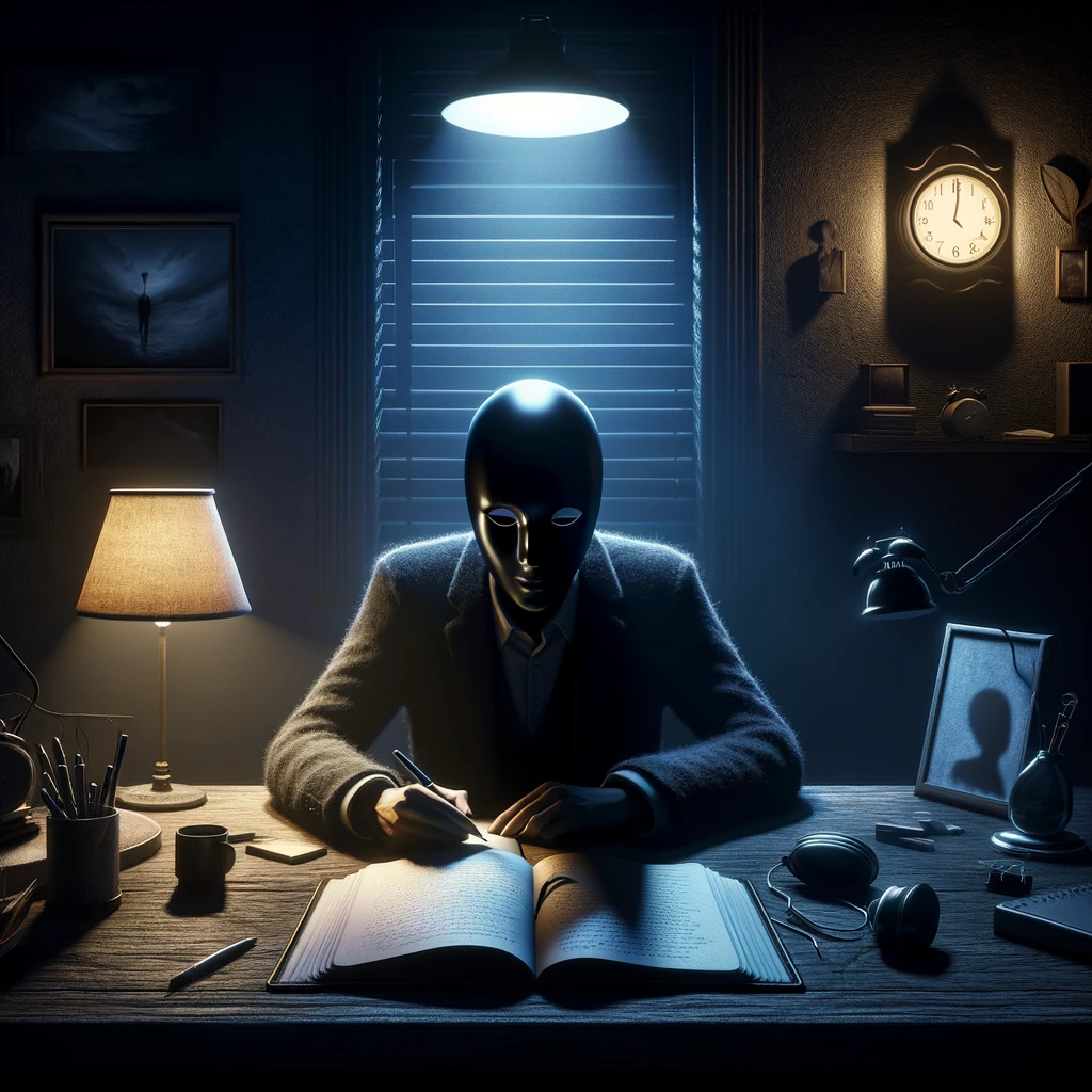 In a half-lit room, the shadowy figure of Ace No Face sits at a desk, face hidden in darkness, with an open journal and pen in front, symbolizing introspection. The room's elements like a clock and dim lamp convey contemplation and solitude.