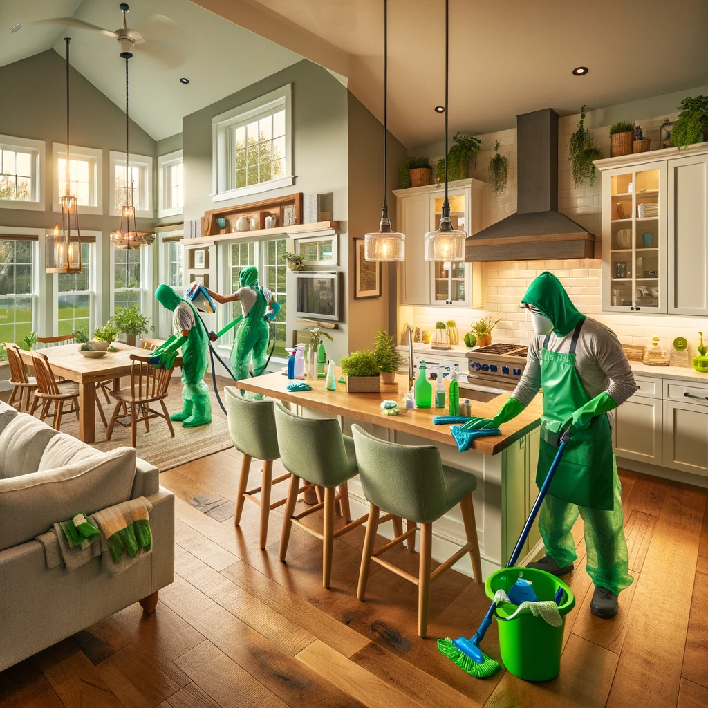 Sustainable house cleaning in an Indianapolis home, focusing on eco-friendly practices in the kitchen and dining area.