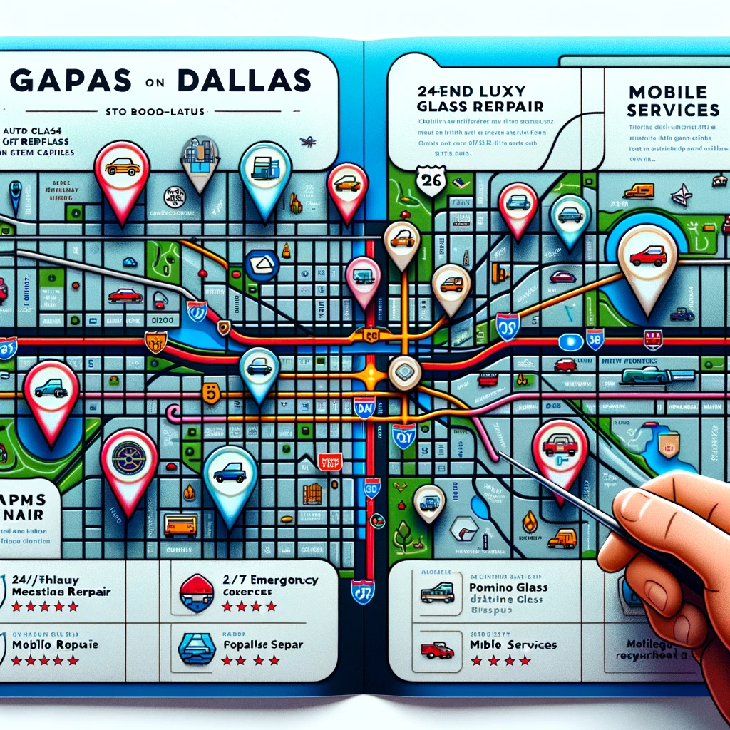Colorful map of Dallas highlighting locations of various auto glass repair services with icons and notes.