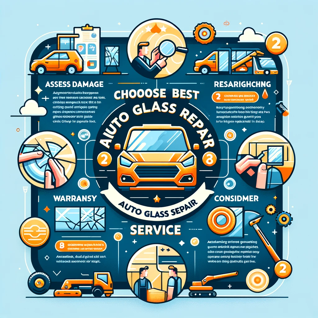 Infographic detailing steps to choose the best auto glass repair service in Dallas with illustrations.