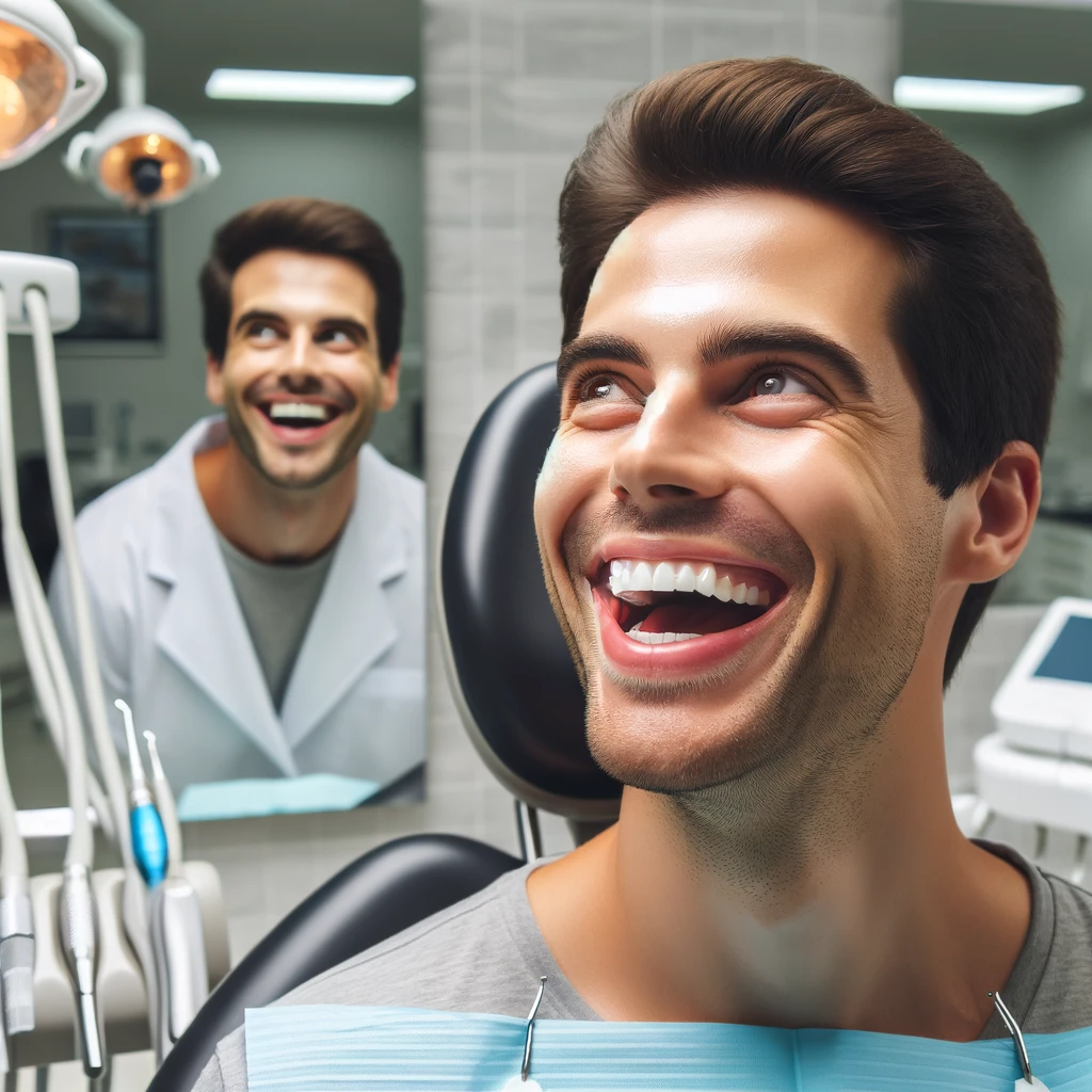 A patient in a San Diego clinic looking in the mirror at their new smile after a cosmetic dental procedure.