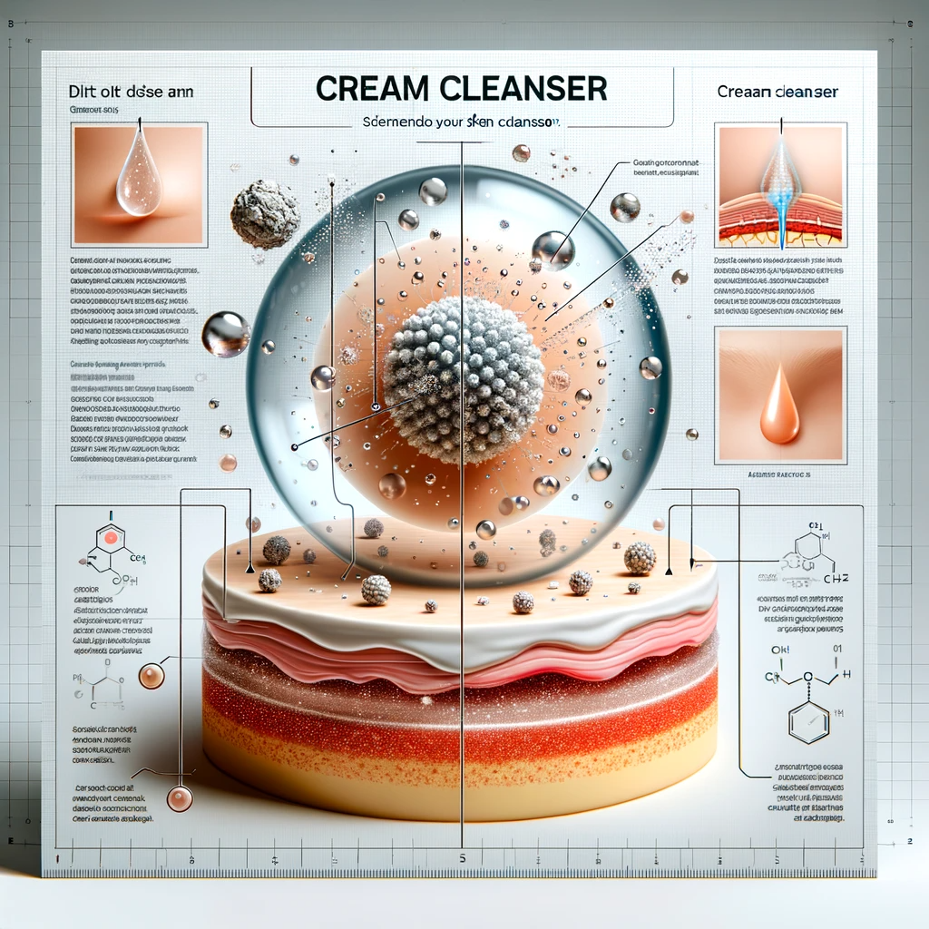  A detailed illustration showing the molecular interaction of a cream cleanser with skin, highlighting particles of dirt and oil being lifted away.