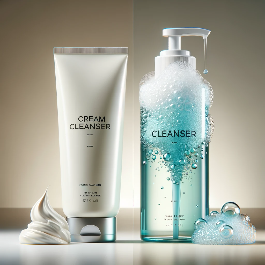 Two types of facial cleansers side by side: a cream cleanser in a white tube and a foaming cleanser in a clear bottle.
