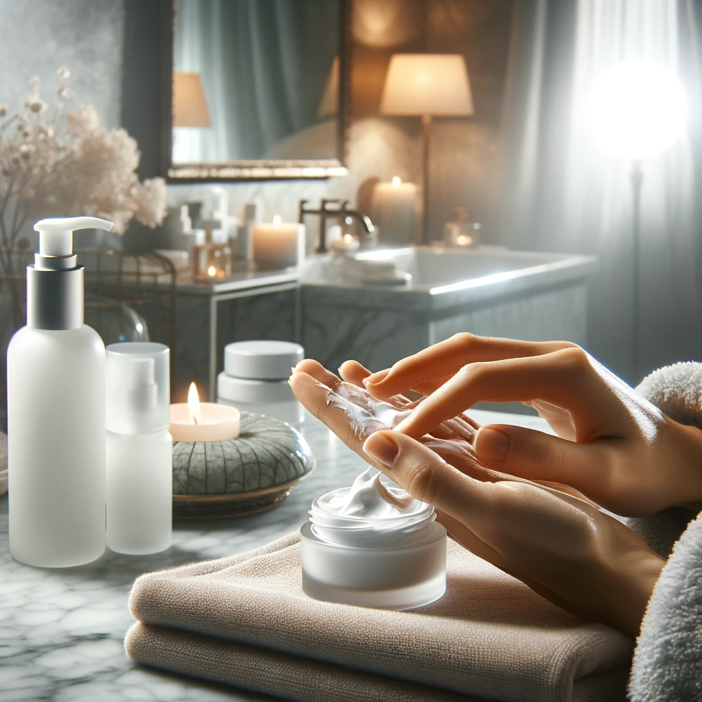 Hands applying a creamy cleanser on a face in a softly lit bathroom, with skincare products on a marble countertop.