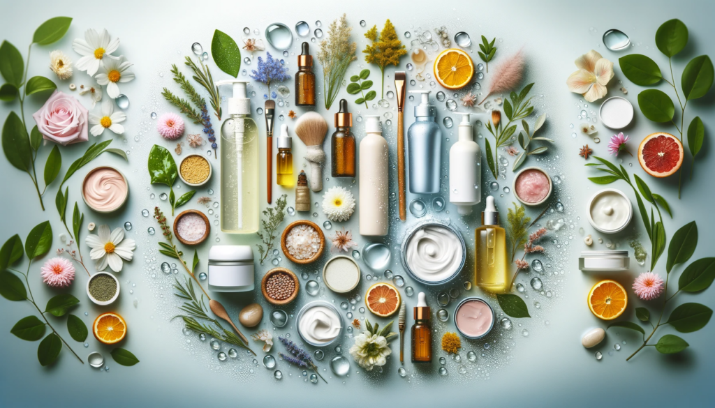 An assortment of skincare products like cleansers and moisturizers, beautifully arranged with natural elements like flowers and fresh herbs.