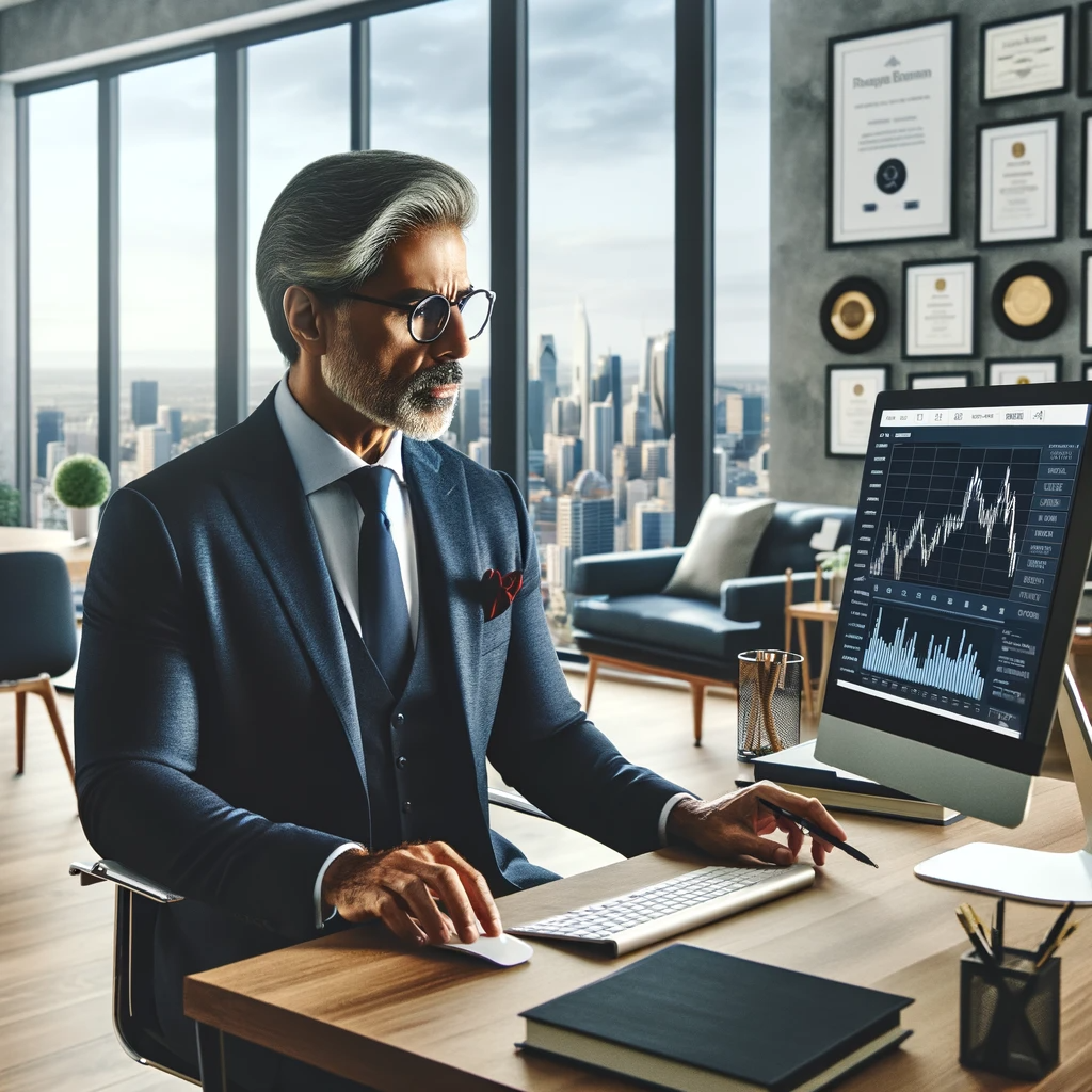 A modern financial advisory office in Newtown with a South Asian male advisor in his 50s, working on financial data at a computer