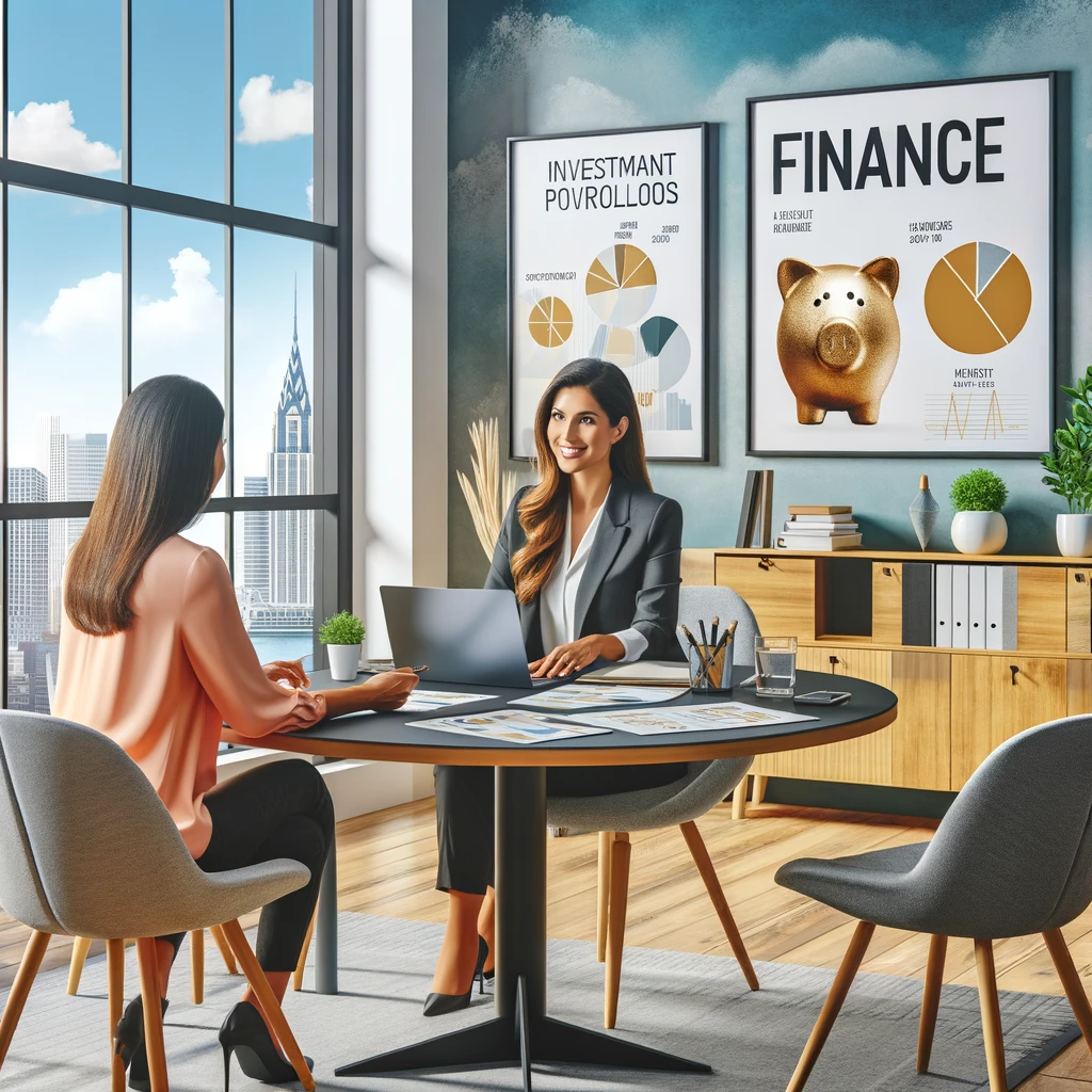 A vibrant financial advisory office in Newtown with a Hispanic female advisor in her 30s, interacting with clients at a round table.