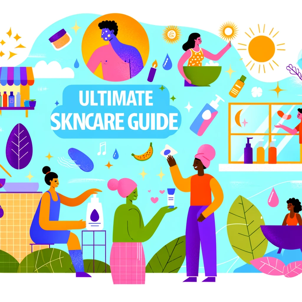 Diverse individuals participating in various skincare routines, emphasizing sun protection, hydration, and healthy eating, set against a holistic skincare backdrop.