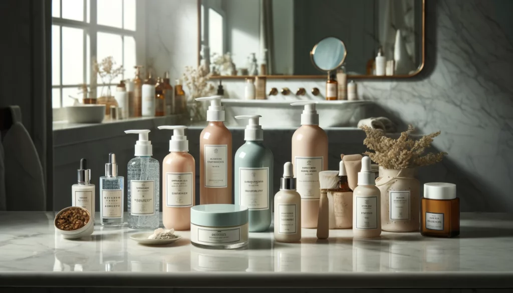 A spread of skincare products on a marble countertop including cleanser, toner, exfoliant, serum, moisturizer, and sunscreen.
