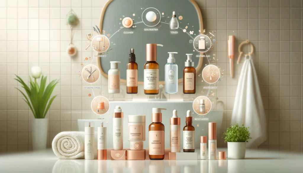 An image of various skincare products arranged in sequence for a perfect skincare routine, including a cleanser, toner, serums, moisturizer, and sunscreen on a bathroom counter with a potted plant, towel, and mirror.