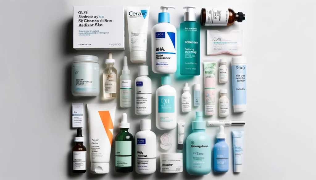A flat lay image of various top skincare products for radiant skin neatly arranged on a white surface, including cleansers, exfoliants, toners, serums, moisturizers, and sunscreen.