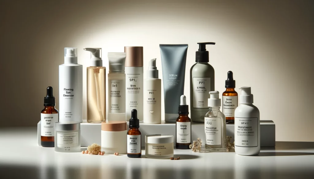 A collection of essential skincare products arranged on a clean, white surface, including a cleanser, toner, serum, moisturizer, sunscreen, exfoliant, eye cream, face oil, clay mask, and spot treatment.
