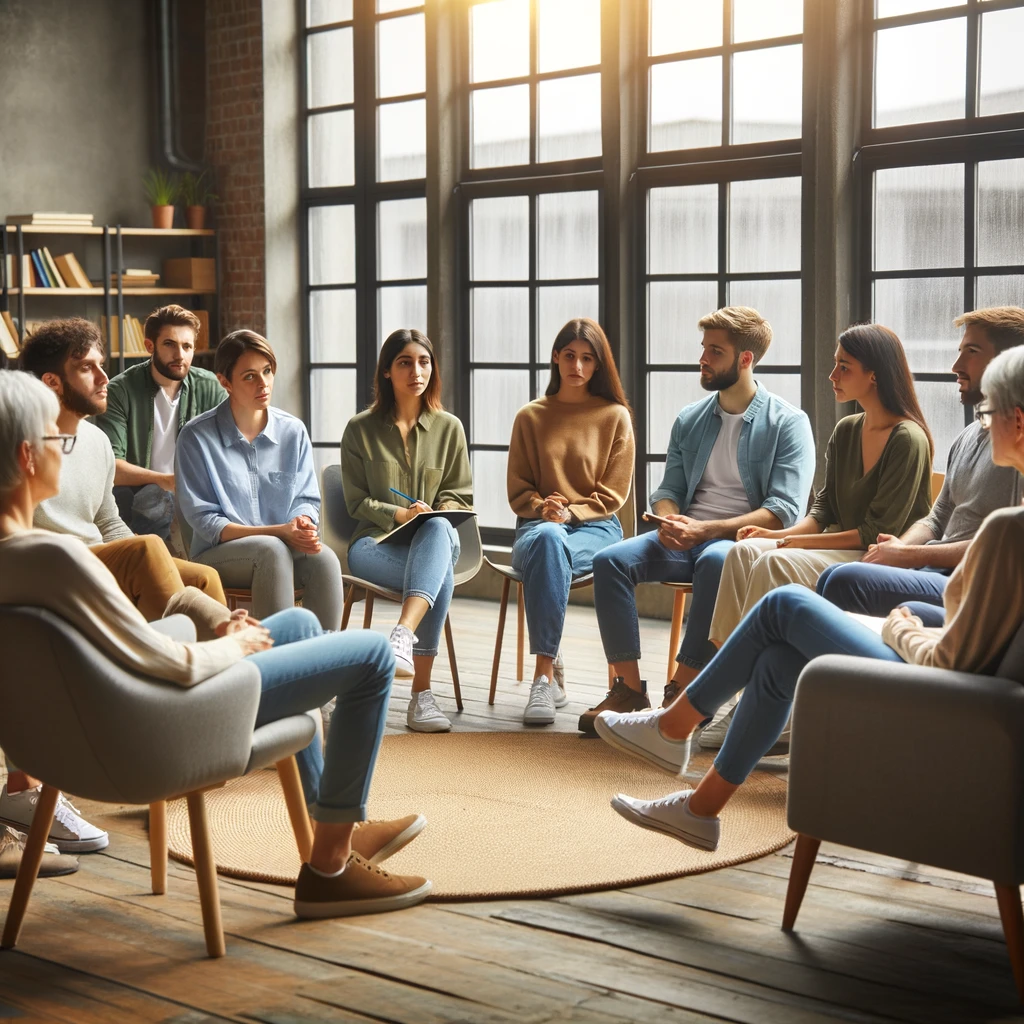 A diverse group therapy session in Indianapolis, IN, with individuals of various backgrounds sitting in a circle, engaging in open discussion. The setting is a bright and welcoming room with large windows, natural light, and comfortable chairs.