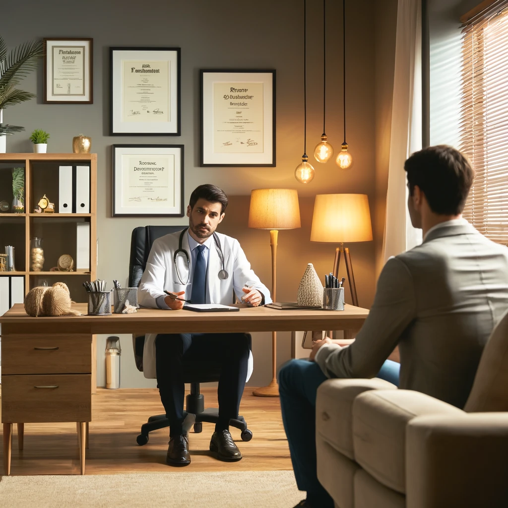 A professional psychiatrist's office in Indianapolis, IN, featuring a comfortable seating area, a large desk, and certificates on the wall. The psychiatrist is attentively listening to a patient, creating a safe and supportive atmosphere.